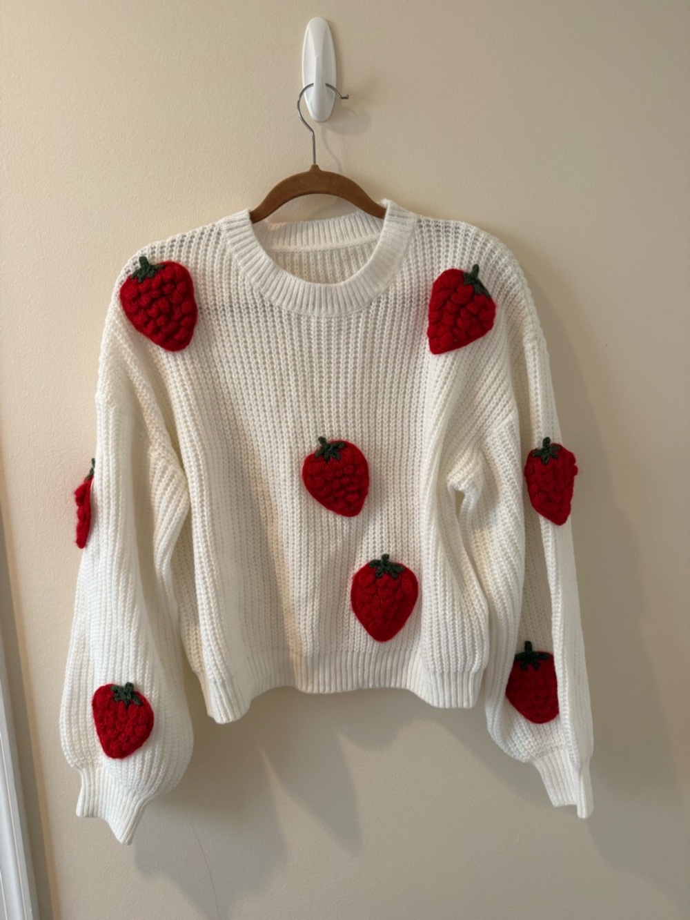 White Knit Sweater with Red Strawberry Appliqués
